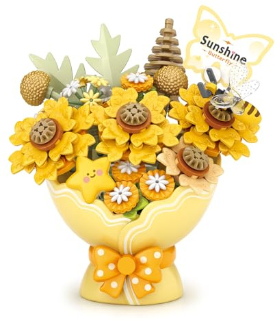 MEIEST Flower Bouquet Building Blocks Set,Mini Bricks Bonsai Collection Construction Building Toy,Creative DIY Artificial Flowers for Valentine's Day,Home Decor (Yellow)