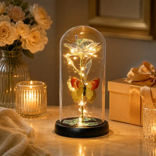 Drawelry Preserved Flower Rose Glass Dome with LED Light, Simulated Rose Luminous Butterfly Glass Cover, Birthday Wedding Gift for Women Girlfriend Girlfriend (White)