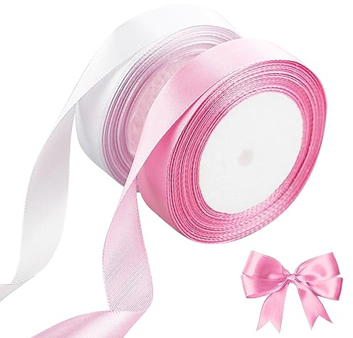 22m Satinband Geschenkband 20mm Breit, Seidenband Schleifenband Satin Dekoband Geschenkverpackung Deko Band Stoffband für Halloween Weihnachten Hochzeit Taufe Geburtstag DIY-Handwerk (Weiß & Rosa)