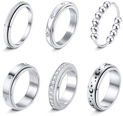 LOFITOR 6 PCS Bagues Anti Stress Femme Spinner Band Fidget Acier Inoxydable Bague Pour Stress Anxiété Pour Homme Rouleau Anti Anxiété Bagues Ensemble Bande D'anxiété Froide CZ Lune Étoile