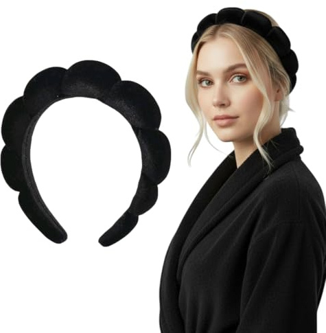 Skincare Haarband Damen – Gepolstertes Velvet Stirnband in Schwarz für Make-up, Gesichtspflege & Beauty Routine – Waschbar mit elegantem Organza-Etui