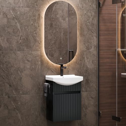 Planetmöbel Waschbecken mit Unterschrank 45 cm inkl. Keramikwaschbecken und Badspiegel mit Beleuchtung oval, Gäste WC Badmöbel Set, anthrazit matt