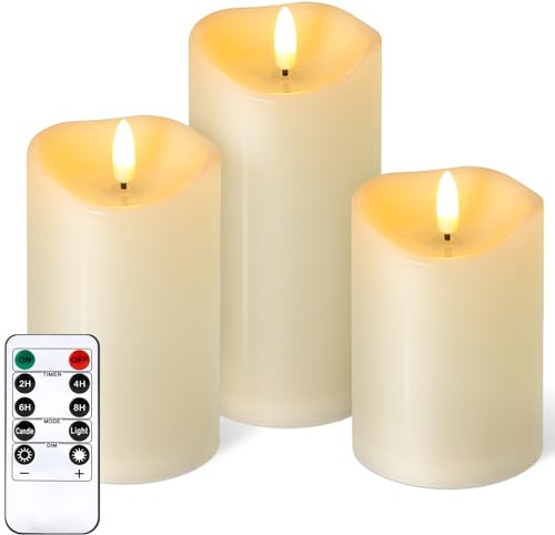 NURADA Outdoor Flameless Candles with Remote Timer - Waterproof Realistic Flickering LED Pillar Electric Battery Operated Fake Candle for Holiday Home Wedding Fireplace Decor - 3 Pack Ivory