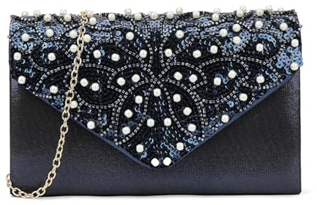 LeahWard Evening Clutch Bag with Pearl Beaded Floral Design, Gold Chain Strap,Wedding Clutch Bag,