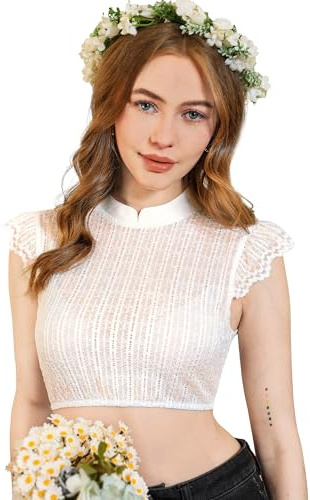 DIRNDLSTERN Camicetta Dirndl Donna Bianca - Camicetta Dirndl in Pizzo Dirndlblusen Collo Alto Maniche a Pipistrello Camicie Tradizionali Righe Verticali Elegante 36