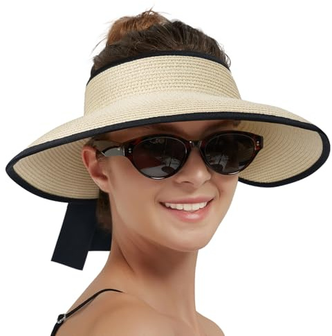 Creekstone Sun Visor Hats for Women Straw Visor Wide Brim UV Protection Packable Summer Beach Hat Ponytail Travel UPF 50+