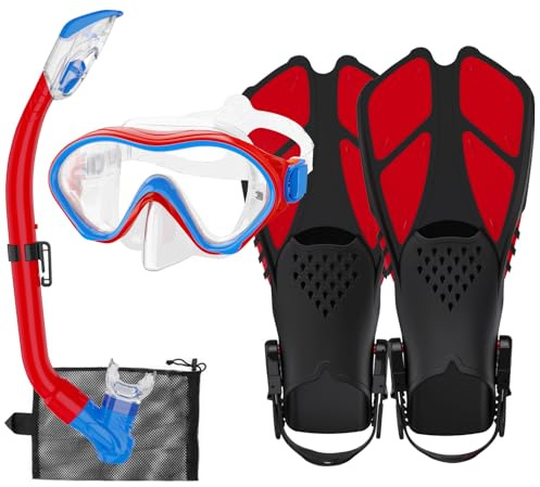 HH HHAO SPORT Schnorchelset Kinder mit Flossen, 180° Anti-Fog Panorama Weitblick Taucherbrille Kinder, Verstellbaren Schwimmflossen, Hochwertige Tauchermaske und Dry Top Schnorchel für Schwimmen