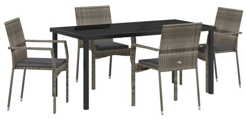 vidaXL Gartensessel Set mit 4 Stühlen und Kissen in Grau, aus Poly-Rattan und pulverbeschichtetem Stahl. Perfekt für den Garten, die Terrasse oder die Lounge.