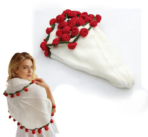 Finished Rose Bouquet Crochet Flower Blanket, Handmade Roses, Bellflower Throw, Soft Knitted Woven Blankets Gift for Mother's Day, Anniversary, Birthday(Red rose on white,Dia. 80cm)