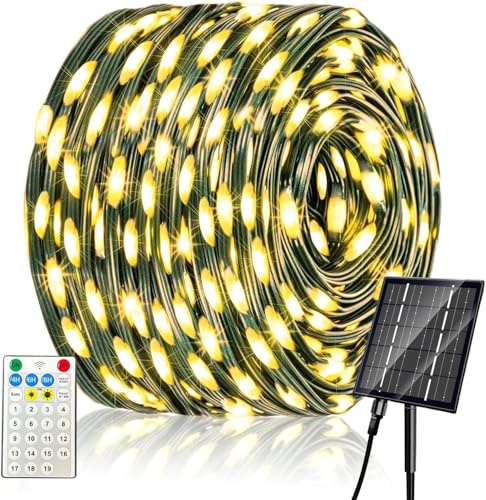Luci Natale Esterno Solare, Catena Luminosa a 600 LED, 62M 19 Modalità, Luci di Natale da Esterno, IP65, Impermeabile, luci Solari da Giardino per Esterni Illuminazione Natalizia(Bianco caldo)