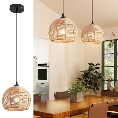 Mlihove Rattan Hängelampe Pendelleuchte Küche Boho Style Hängeleuchte Esstisch Geflochten Pendellamp E27 Deckenlampe Rattan für Schlafzimmer Wohnzimmer Esszimmer Bar Cafe(Ø25cm)