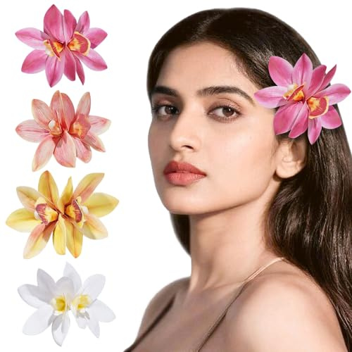 4 Stück Hawaii-Blumen-Haarspangen für Damen, Künstliche Blumen-Haaraccessoires mit Hibiskus und Orchideen für Braut, Strandparty und Urlaub