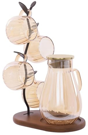 Glass Water Pitcher with 4 Cups 1 Tray, 1.5L for Cold & Hot Water | Glass Water Jug with Handle, Temperature Range -20°C~250°C, Borosilicate Glass Water Pitcher Set for Home & Office
