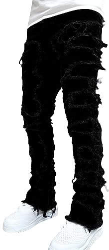 Generisk slim fit jeans herr ribbade denimbyxor slitna andningsbara jeans enfärgade tvättade stretchjeans streetwear college bikerjeans raka ben tygbyxor klassiska avslappnade herrbyxor, svart, XL