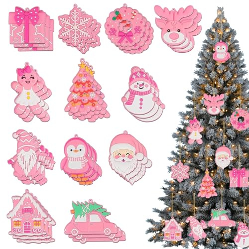 TECHEEL Rosa Weihnachtsbaumanhänger 36 Stück Weihnachtlicher Baumschmuck Rosa Christbaumschmuck Anhänger Weihnachten Dekor Zum Aufhängen Weihnachtsbaumschmuck Weihnachtsanhänger Für Weihnachtsdeko