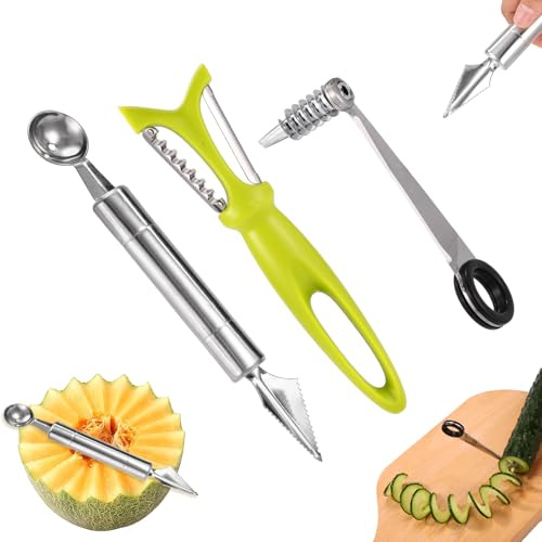 Lyreh 3uds Juego de Utensilios Cocina, Incluye Cortador Patatas Espiral y Herramienta Tallar Frutas en V-Forma y Pelador Multifuncional para Patatas Grabar Melones Utensilios de Cocina Creativos