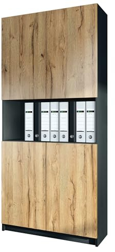 InnoFurn Aktenschrank Elona M2, Büroschrank mit Soft-Close & Push-to-Open, Aufbewahrungschrank, Büro, Home Office. Wohnzimer, Schwarz/Eiche Evoke (82 x 184 x 37 cm)