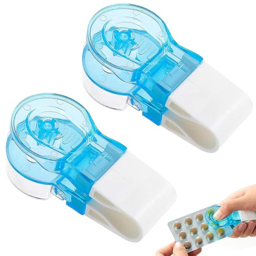Tablettdelare, 2 stycken bärbara pilleröppnare, tablettuttryckare, pillerborttagare, mini bärbar pillerbox, liten bärbar pillerbox bärbar tablettdispenser för alla sväljhjälpmedel (blå)