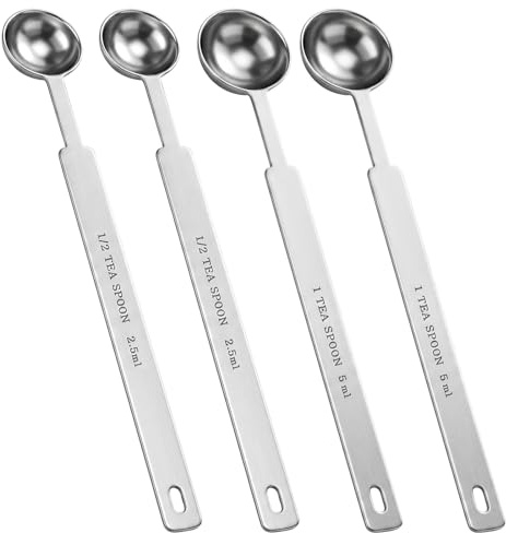 4 Pcs Stainless Steel Teaspoon Measuring Spoons, Reusable Coffee Measuring Spoon, Long Handle Teaspoons with Clear Engraved Marking for Baking Cooking(5ml, 2.5ml)