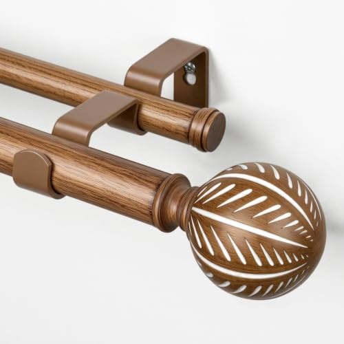 KAMANINA Wooden Double Curtain Pole, 167-304 cm Extendable Curtain Poles