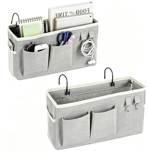 2 Stück Nachttisch-Hängeaufbewahrung Bett Organizer Zum Einhängen 3 Fächer | Hängeaufbewahrung Klein Betttasche Zum Einhängen für Buch Magazin Spielzeug Handy Kopfhörer Grau