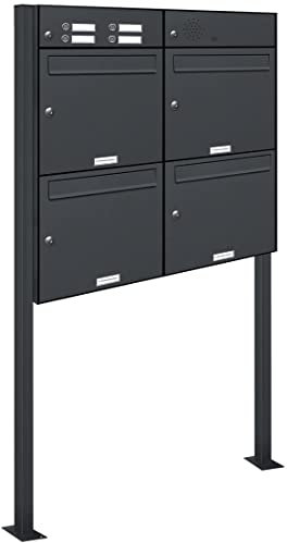 AL Briefkastensysteme 4er Standbriefkasten Anthrazitgrau RAL 7016 mit Klingel als 4 Fach Briefkastenanlage in Postkasten Briefkasten Design modern