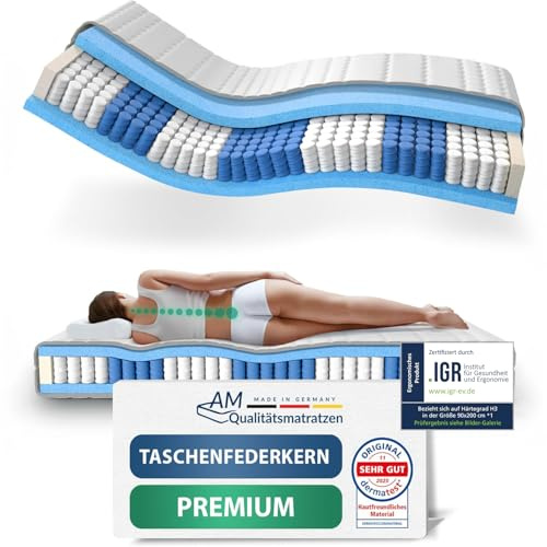 AM Qualitätsmatratzen Colchón 90x190 muelles ensacados Premium - Colchón firmeza Media y de 24 cm - Colchón muelles ensacados 90x190 cm de 7 Zonas con Funda Lyocell - Made in Germany & Oeko-Tex