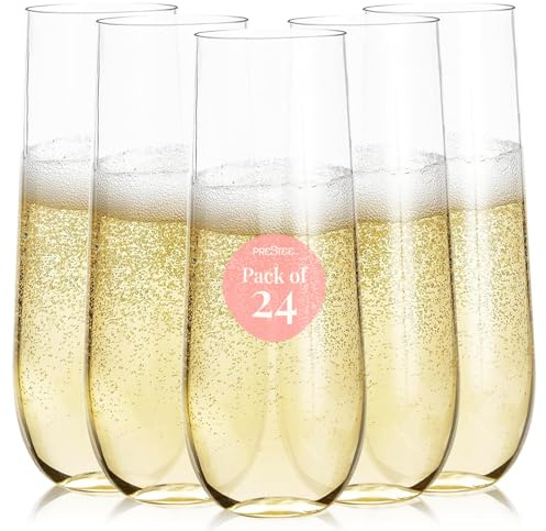 Prestee 24-Pack Stemless Plastic Champagne Flutes - 9 oz Clear Disposable Glasses for Wine, Cocktails, Mimosas - Champagne Flutes Plastic for Parties and Celebrations