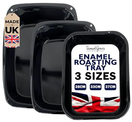 Great British Bakeware Vitreous Enamel Roasting Tray Set - 28, 33, 37cm Baking & Roasting Tray, Heavy Duty Vitreous Enamel Bakeware, Cookware Set, Made in England, Scratch Resistant