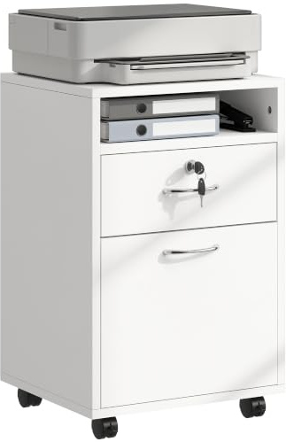 HOMCOM Schedario da Ufficio con Cassetto e Ruote a Freno 40x35x60cm Bianco | Ripiano Aperto, Cassettiera Ufficio con Serratura, 2 Chiavi, per Lettera/Legale/Formato A4, Armadietto per Studio