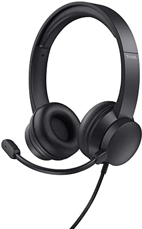 Trust Roha - Auriculares con Micrófono PC, Cómodo Suaves Almohadillas de Polipiel, Diadema Ajustable, Conexión USB, Control de Volumen en el Cable, per Oficina, Skype, Teams, Videoconferencia, Zoom