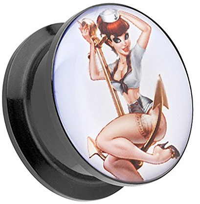 Taffstyle Ohr Plug Flesh Tunnel Piercing Ohrpiercing Kunststoff Schraub Schraubverschluß Picture mit Matrosen Mädchen auf Anker Pin Up Motiv