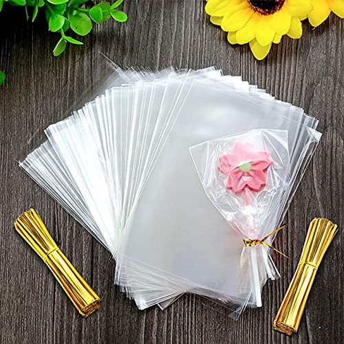 200PCS Clear Cellophane Bags,8x12cm,Cookie Bags | Treat Bags Clear OPP Bags with 200 Gold Twist Ties Small Plastic Cellophane Bags for Cookie Candy Sweet Chocolates Soap