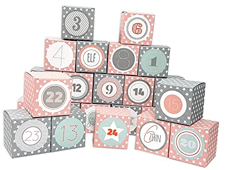 Frau WUNDERVoll® DIY Adventskalender Vorfreude zum Befüllen, Faltschachteln 12x rosa, weiße Sterne,12x grau, weiße Sterne 7x7x7cm(gefaltet),XL Ziffern pastell/Weihnachten, Würfelbox, Schachteln