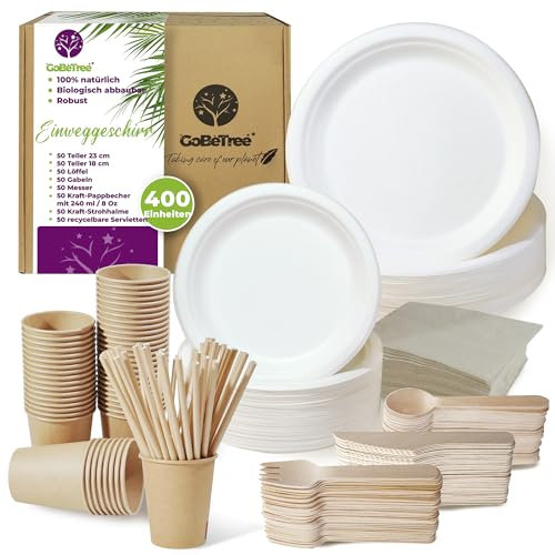 Einweggeschirr aus 400 Teilen für 25 Personen. Ökologisches Einweggeschirr aus Zuckerrohr. Enthält 100 Teller, 150 Holzbesteck, 50 Pappbecher aus Kraftpapier mit Strohhalmen und 50 Servietten.
