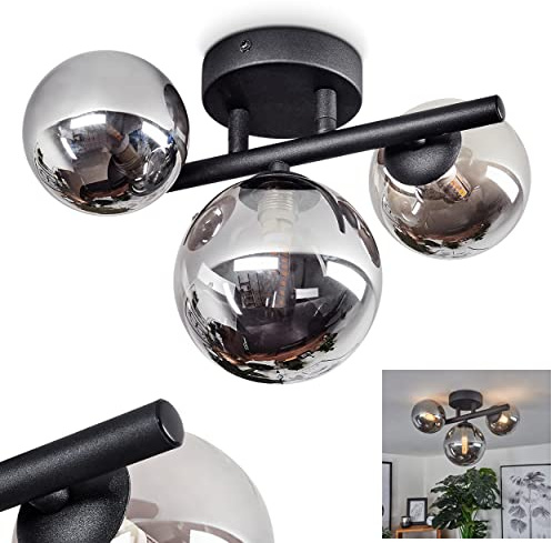 HOFSTEIN Deckenleuchte Chariton, Deckenlampe aus Metall/Glas in Schwarz/Rauchfarben, moderne Leuchte im Retro/Vintage-Design (Ø Schirme 10 cm), 3 x G9, Schlafzimmer, Wohnzimmer, Küche, Esszimmer