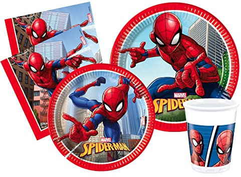 Kit Vaisselle de Fête Marvel Spider-Man Crime Fighter pour 8 personnes (44 pcs: 8 assiettes Ø23cm, 8 assiettes Ø20cm, 8 gobelets 200ml, 20 serviettes 33x33cm)