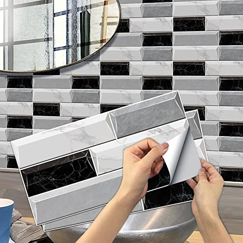Alwayspon Wall Tile Sticker, Peel & Stick self-Adhesive Backsplash, Vinyl Wall Tile Transfers Decals for Living Room Kitchen Bathroom Stick on Tiles, 15x30cm/6x12inch,12 pcs, Black White Grey Marble