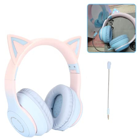 Cat Ear-hörlurar, Trådlösa Spelheadset Via Bluetooth 5,1/3,5 Mm AUX-kabel, Hopfällbara Hörlurar med 7 Färger LED-lampor och 4 LED-lägen för Flickor, Vuxna(Blå)