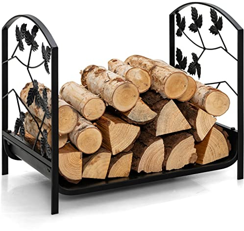 GOPLUS Range Bûches Cheminée, Porte Bûches en Acier avec des Pieds Surélevés, Motifs Feuilles Élégants, Charge 50 kg, Intérieur Extérieur 48 x 34 x 41 cm