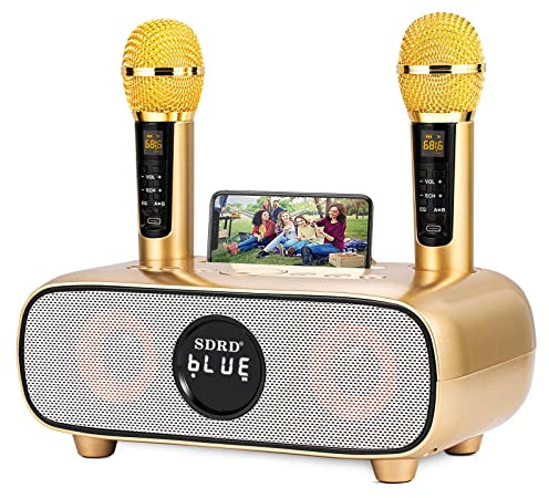 Karaoke Maschine,Bluetooth Karaoke Anlage für Erwachsene und Kinder, Tragbares PA-System mit 2 Mikrofonen,Lautsprecher mit Handyhalter/USB/TF-Karte/AUX-In,für Heimparty,Picknick,Outdoor/Indoor(Gold)
