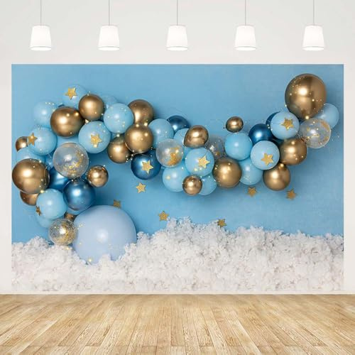 MEHOFOND 2,1x1,5 m Blauer Junge Geburtstag Hintergrund für Fotografie Blau und Gold Ballon Stern Weiße Wolken Hintergrund Dekoration Kinder Kuchen Smash Tisch Banner Tapete Fotorequisiten Studio