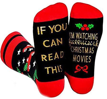Wansruee Chaussettes de Noël amusantes en coton avec inscription « If You Can Read This, I'm Watching Christmas Movies » pour homme et femme, noir/rouge, Taille unique
