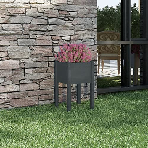WIFESE Macetero gris 40 x 40 x 70 cm, madera maciza de pino, maceta elevada, maceta para jardín, bancal alto, balcón, caja de plantas, maceta pequeña, maceta de madera, maceta rectangular