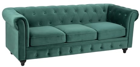 Solycarpa Sofá Chésterfield de Terciopelo Verde, 3 de Plazas. Elegante, Clásico y de Calidad, Diseño Vintage Sofisticado para Salón, Eventos y Hogar.