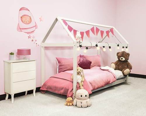 PINEEA Hussäng 80 x 160 – barnsäng hus av furu – barnsäng 80 x 160 cm med ribbotten för pojkar och flickor – hussäng lätt att montera – stöder kreativitet