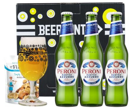 Peroni Nastro Azzurro Premium Italian Lager Gift Set – 3 x 330ml Bottles (5% ABV) with Beerhunter Glass & Mr Filberts Snacks | Italian Beer Gift Box for Him or Her