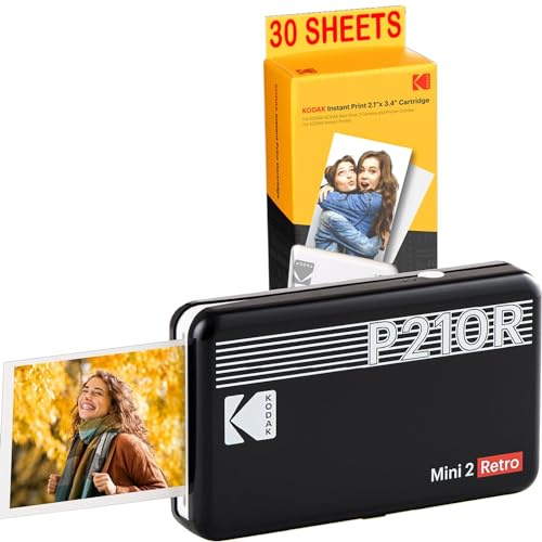 Kodak Mini-Drucker P210 Retro 2 + Kartusche und Papier für 30 Fotos – Drucker mit Bluetooth – Fotos Format CB 5,3 x 8,6 cm – Lithium-Akku – Thermosublimation 4 Pass