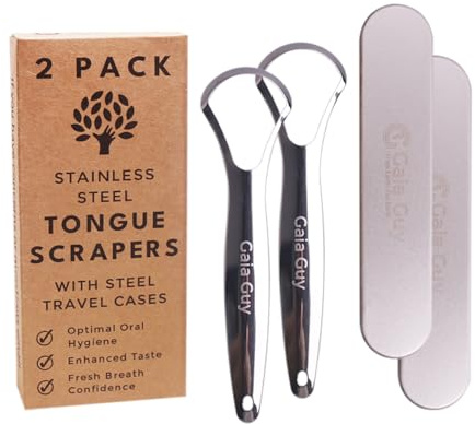 Raspador de lengua de acero inoxidable para adultos (paquete de 2 con 2 fundas de viaje de acero, limpiadores de lengua que reducen el mal aliento, raspador de lengua 100% metálico con caja de metal