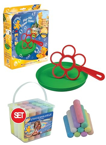 PUSTEFIX Blasring Set Flower Power & MALEFIX Straßenkreide 20er Packung I Seifenblasen Kinder Set I Spiel & Bubble Spaß bei Kinderparty & Geburtstag